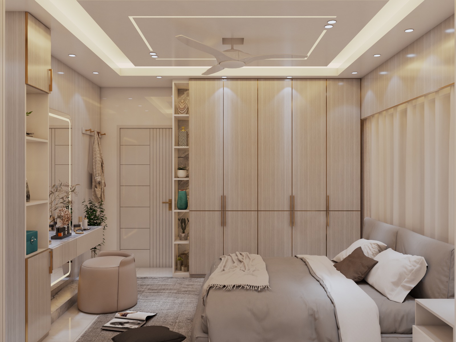 A contemporary master bedroom with a floor-to-ceiling light wood wardrobe featuring gold handles, a floating vanity with a backlit mirror, and a sophisticated recessed ceiling design.