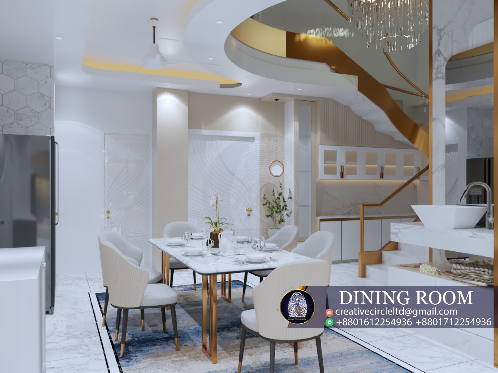 A luxury open-plan dining room featuring a white marble dining table with gold legs, grey upholstered chairs, and a grand curved staircase with gold railings and glass panels.