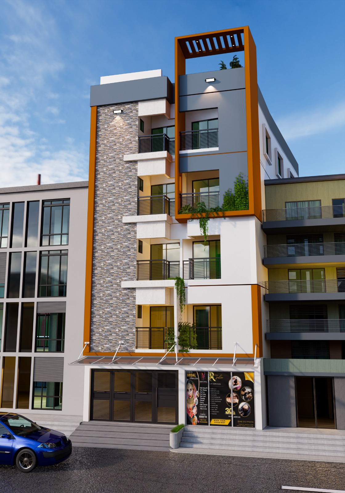 A modern five-story mixed-use building exterior featuring white and grey facades, orange rectangular framing accents, stone-textured pillars, and a ground-floor commercial storefront.