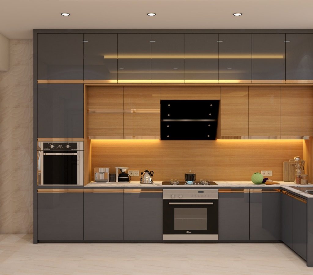 Modern modular kitchen interior design with blue cabinets, wooden finish, marble backsplash, built-in oven and smart storage by CCL Interior Design