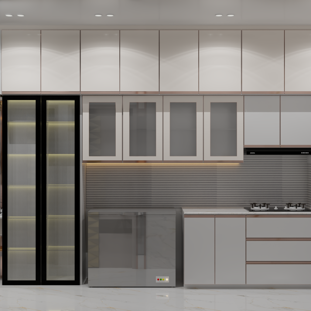 A luxurious, modern kitchen featuring high-gloss white cabinetry with rose gold accents and a grey fluted backsplash. The design includes a built-in glass display cabinet with internal lighting, a sleek integrated stovetop, and an adjacent marble-clad vanity area with a vessel sink and large decorative floor vase.