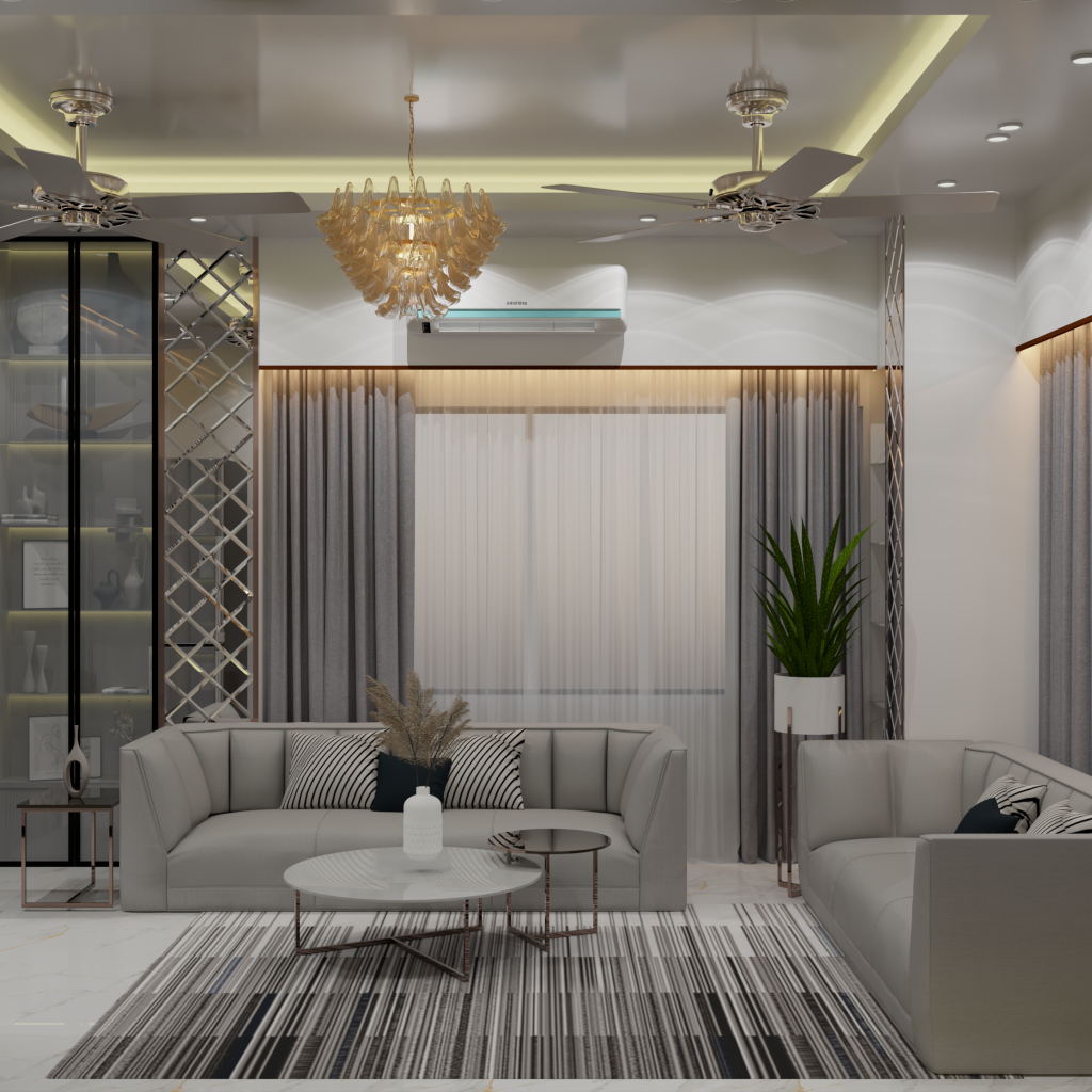 ccl interior A luxurious, modern living room featuring a marble-textured TV back panel, a warm gold chandelier, and a decorative false ceiling with integrated cove lighting. The space includes a sleek white floating console, twin ceiling fans, and a mix of metallic gold and mirrored wall accents that enhance the bright, contemporary aesthetic.