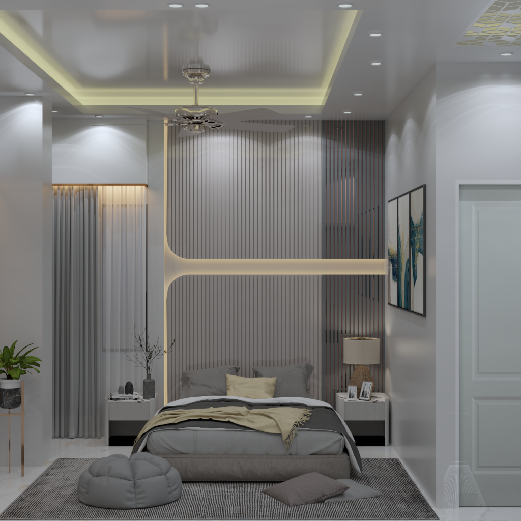 A contemporary master bedroom featuring a fluted wood accent wall with an integrated horizontal LED light strip. The room includes a tray ceiling with warm cove lighting, a low-profile bed with grey and yellow bedding, and a sleek blue-grey fluted wardrobe with long vertical handles.