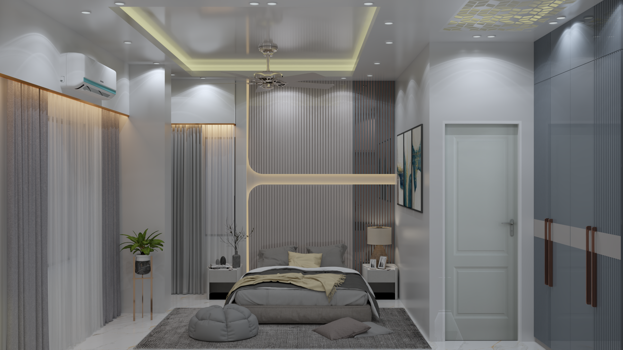 A contemporary master bedroom featuring a fluted wood accent wall with an integrated horizontal LED light strip. The room includes a tray ceiling with warm cove lighting, a low-profile bed with grey and yellow bedding, and a sleek blue-grey fluted wardrobe with long vertical handles.