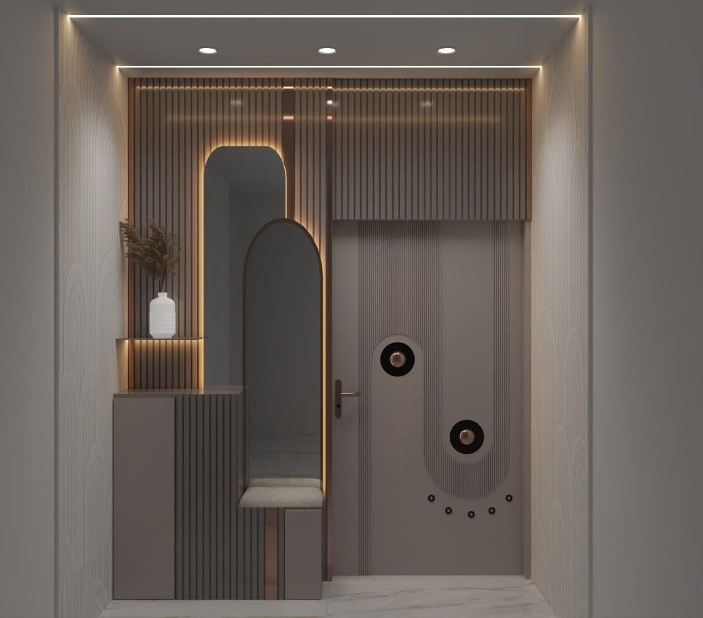 main entry A modern, minimalist entryway featuring a custom wooden door with circular copper accents and a matching fluted wall panel. The space includes an arched mirror, a built-in seating bench, and integrated warm LED cove lighting.