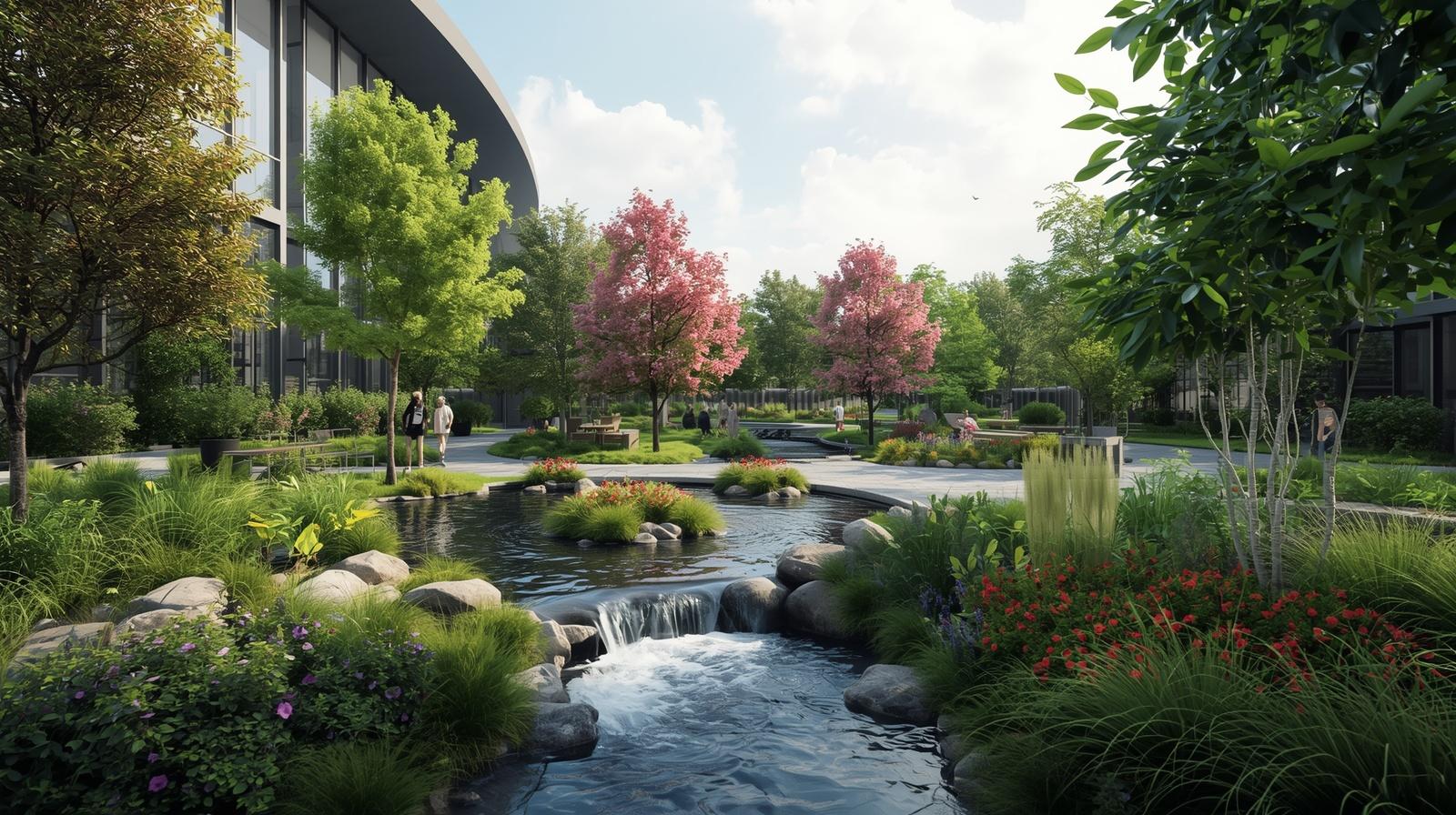 Professional commercial landscape architecture for office complexes and hotels Helpful: Landscape planning for shopping malls to enhance brand value and environmental balance