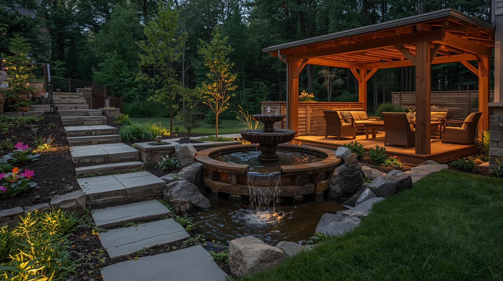 Modern hardscape design with stone pathways, wooden decking, and outdoor lighting Helpful: Custom outdoor feature design including fountains, patios, and stone walkways by CCL Interior