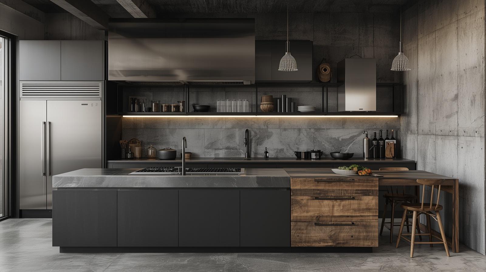 Industrial Style Kitchen Design with Metal and Concrete Finishes by CCL Interior