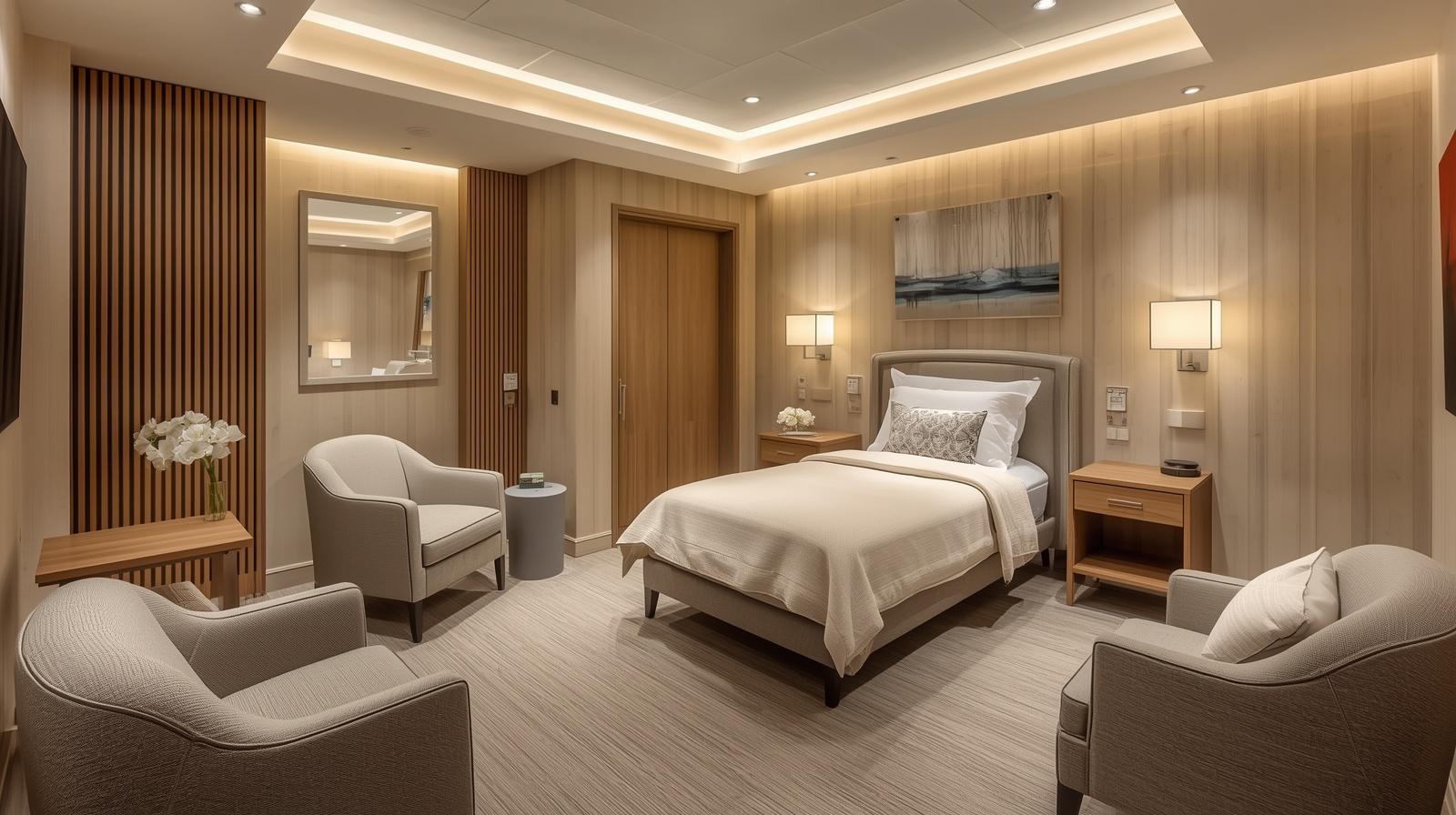 Luxury and comfortable patient room interior design for faster recovery, Modern private hospital suite interior planning by CCL Interior