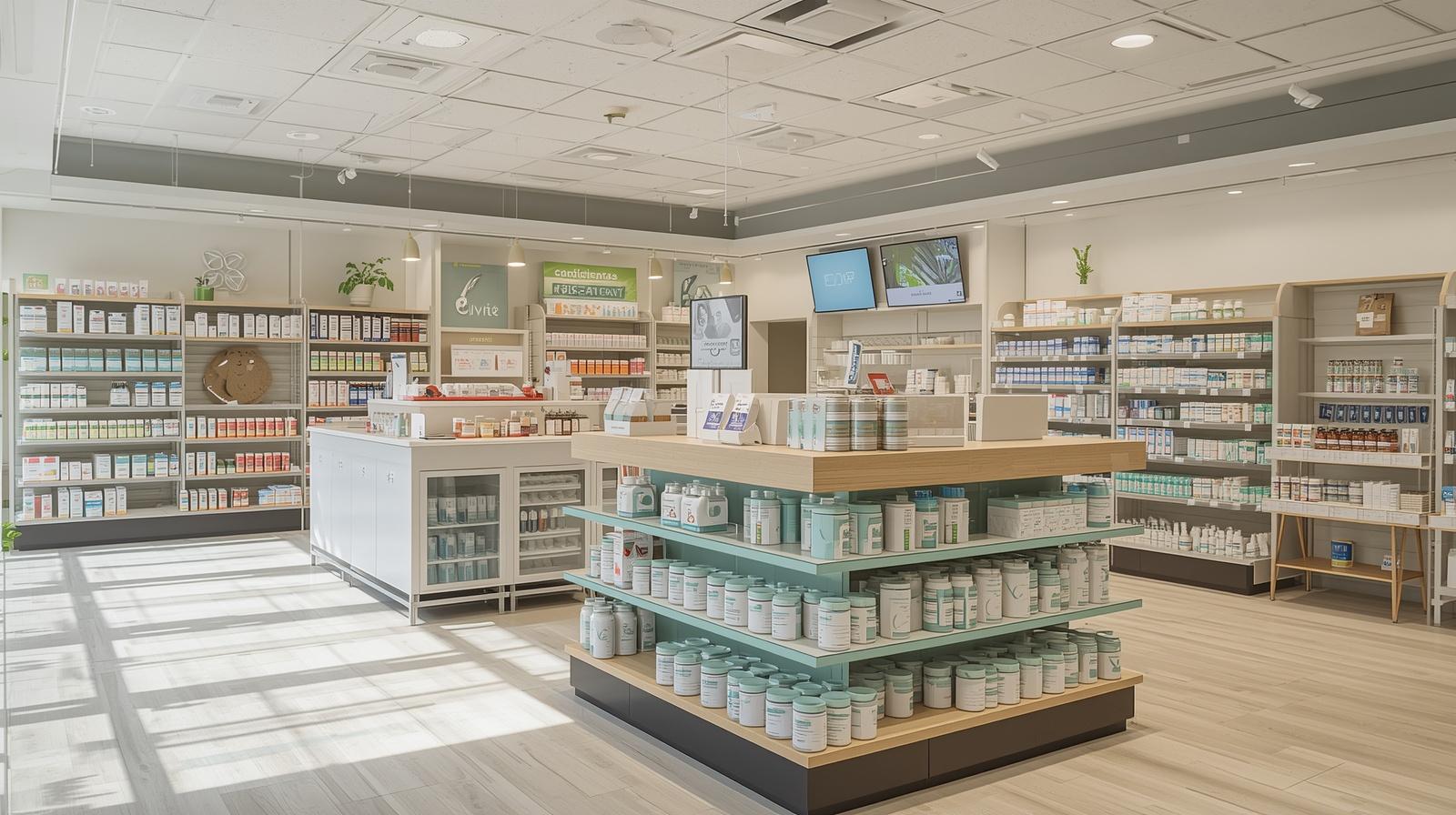 Modern, organized, and customer-friendly pharmacy and wellness center design ,Professional retail pharmacy layout and wellness space planning by CCL Interior