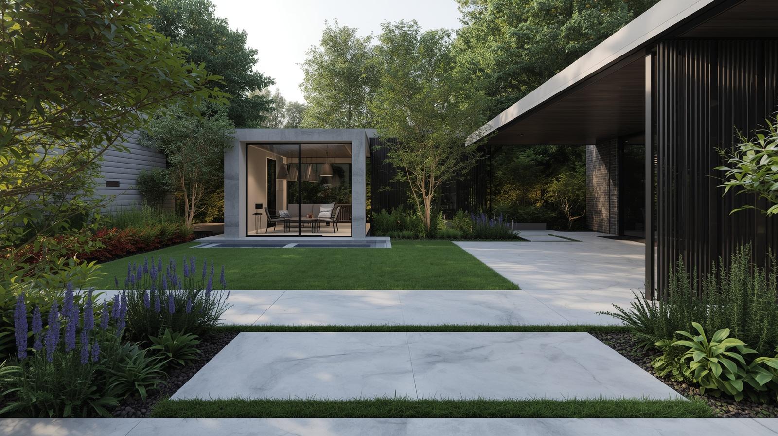 Aesthetic landscape design for home courtyard and private garden Modern residential garden and lawn design blending nature with architecture