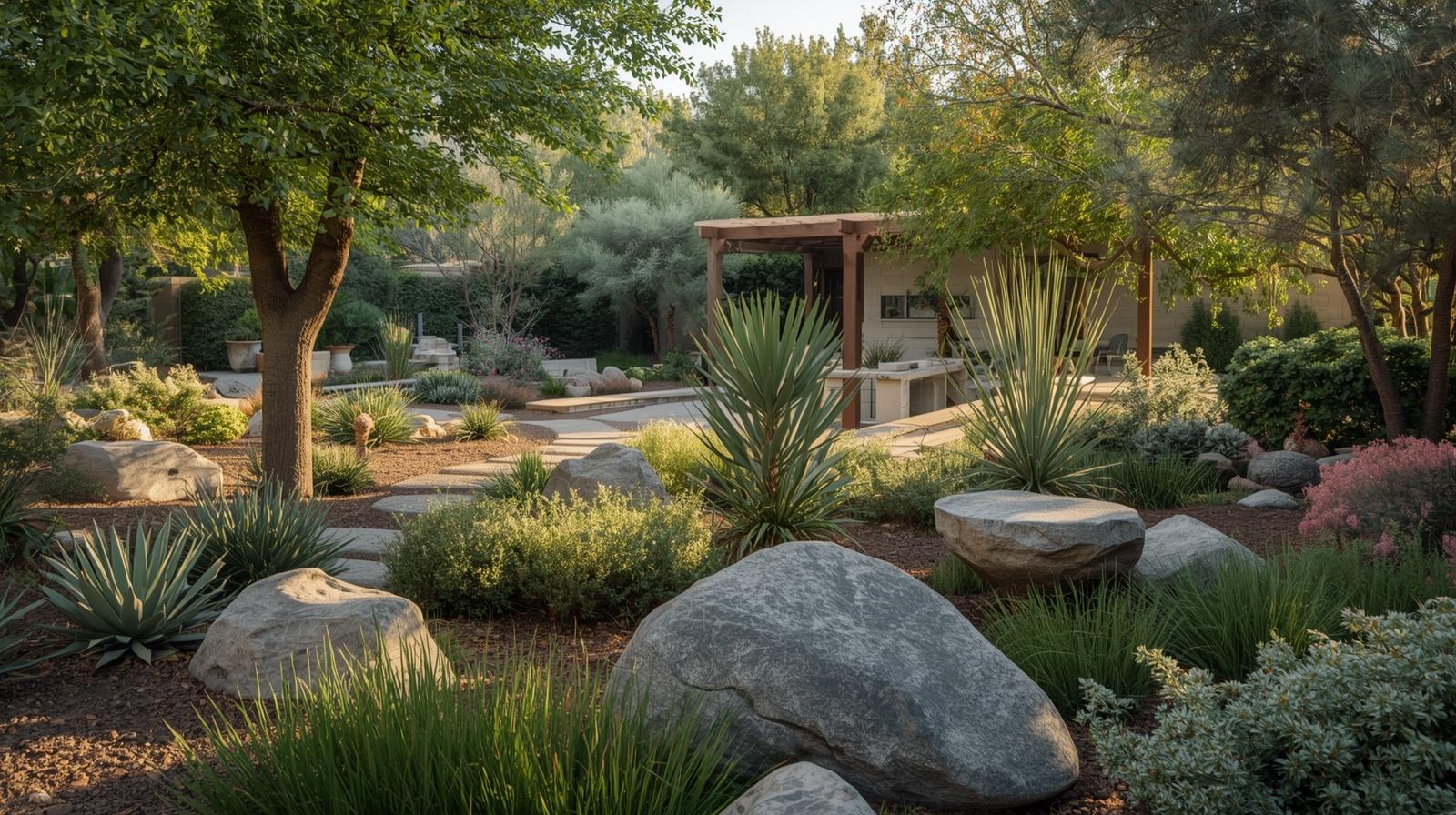 Sustainable and water-wise xeriscaping landscape design with native plants Helpful: Eco-friendly garden planning that requires less water for sustainable living